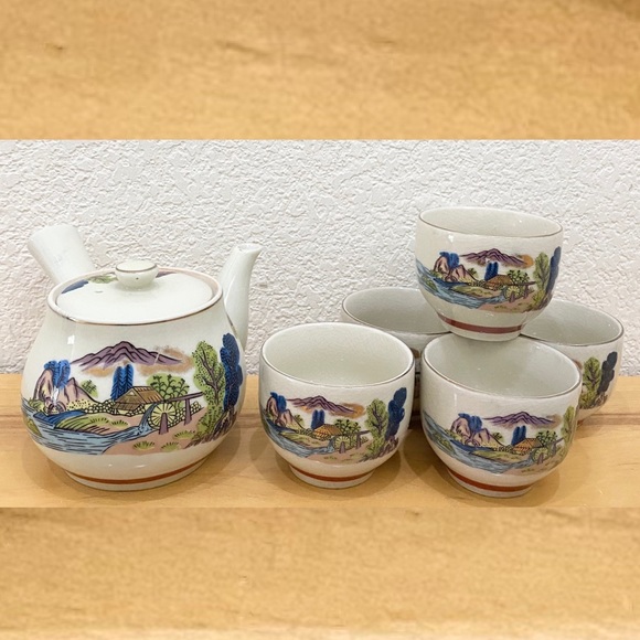 Vintage Japanese Kyusu Hand-painted Teapot Village Scene Teapot & 5 Cups Set - Picture 2 of 15